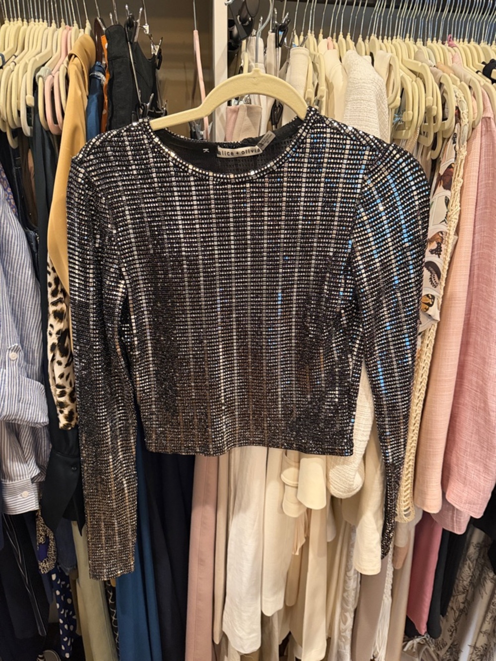 Alice + Olivia Black Sequin Long-Sleeve Crop Top